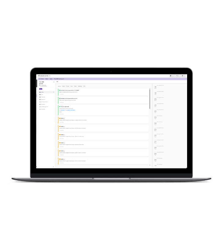 Advanced Project Management desktop interface showing project dashboard with Greenfield Drive project details, task management, and activity feed